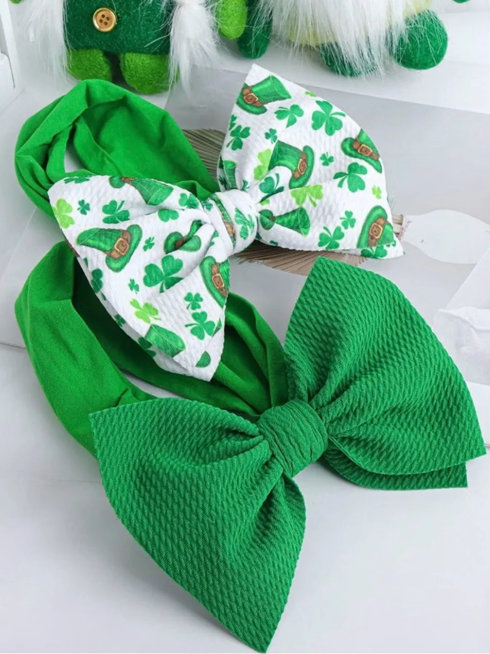 2 St. Patrick’s Day Baby Girl Oversized Bow Headbands Shamrock Green